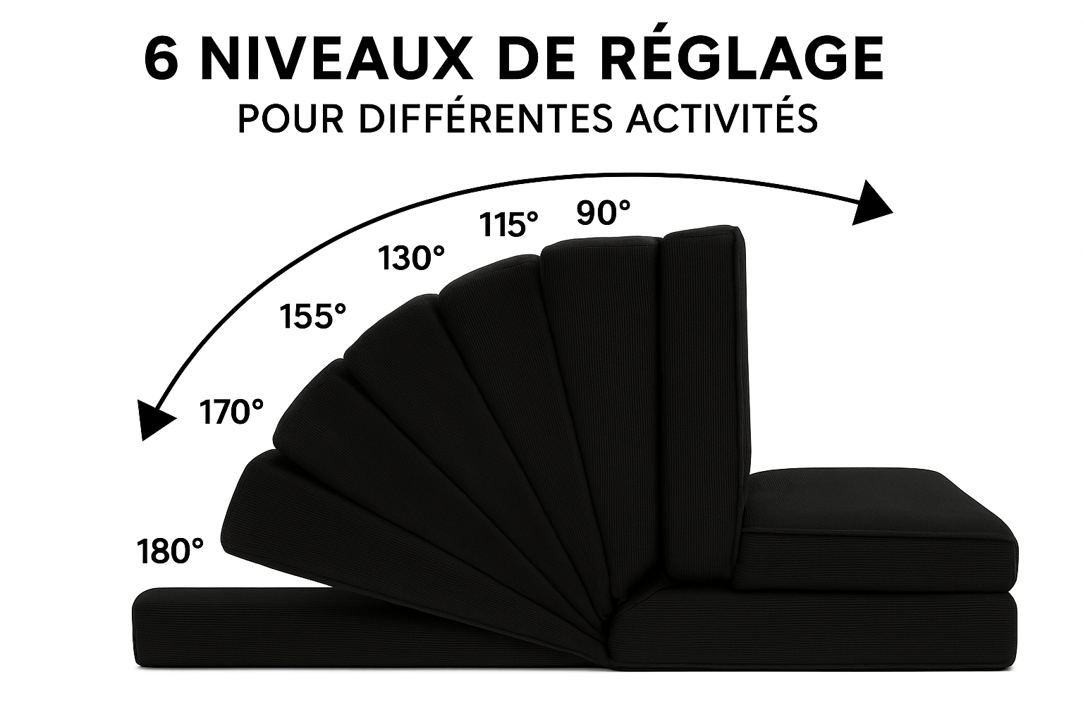Canapé noir avec 6 niveaux de réglage