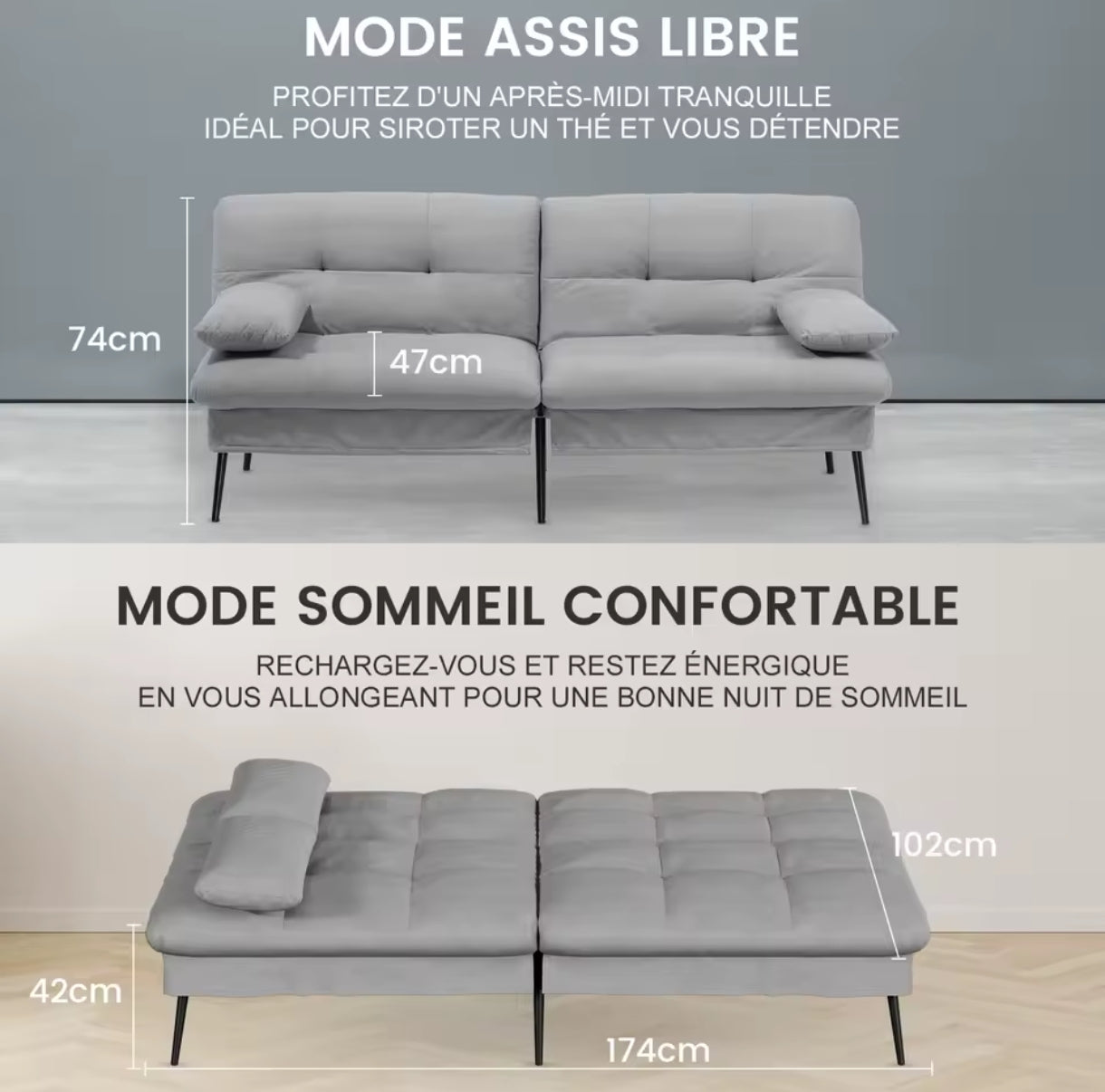 Canapé double convertible – Gris